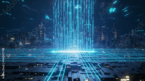 Futuristic Cityscape with Glowing Blue Data Streams and Digital Connections at Night