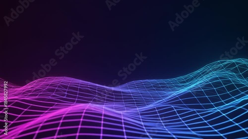 Abstract Neon Glowing Wavy Grid Lines on Dark Background, Futuristic Technology Concept