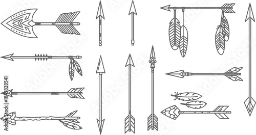 Collection of various arrows and bows isolated on transparent background