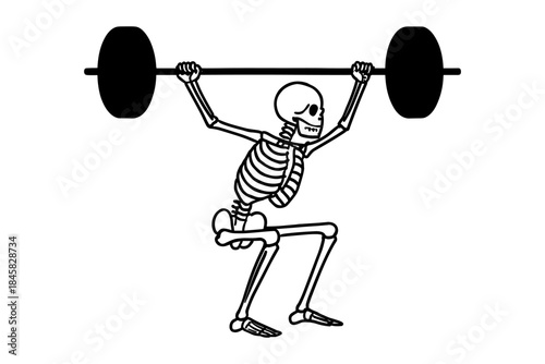Skeleton weightlifting: humorous cartoon skeleton lifting barbell in fitness scene