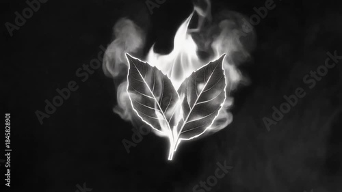 Ethereal White Glowing Leaves with Smoke on Dark Background, Magical Abstract Foliage Concept