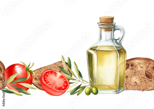Hand drawn Olive Oil Tomato Bread Seamless Border