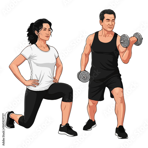 young man and woman doing fitness exercises