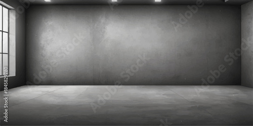 Dark, empty vintage room interior with textured gray concrete wall and grunge wood floor space