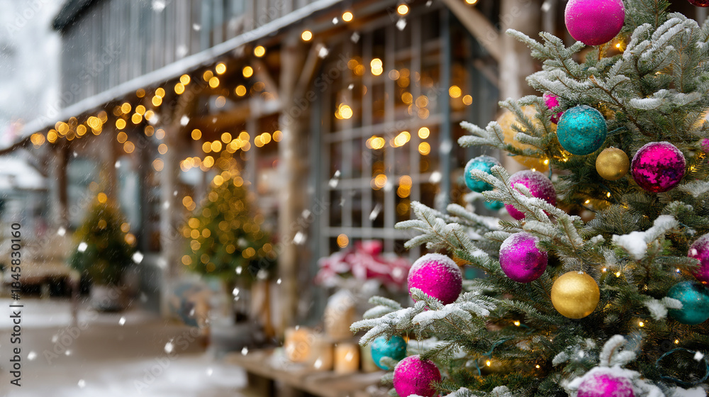 Fototapeta premium Beautifully lit rustic christmas tree stands tall amidst falling snowflakes surrounded vibrant ornaments twinkling lights warm atmosphere, defocused outdoor holiday display, with c