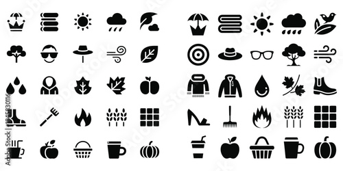 Set of vector icons for web design including black silhouette symbols of tree holiday food wedding travel and sun