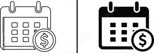 Calendar icon with dollar sign coin for payment schedule and financial deadlines