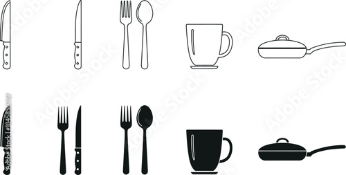 Kitchen utensils and dishware icons isolated on transparent background
