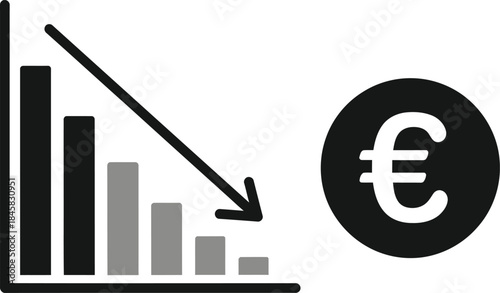 A downward trend graph with euro symbol isolated on transparent background