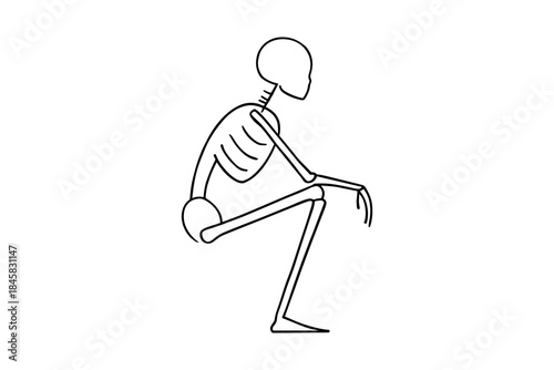 Minimalist skeleton silhouette in squatting pose on white background