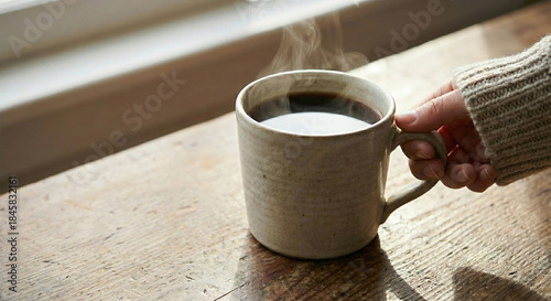 Hand holding steaming coffee cup on sunlit wooden table