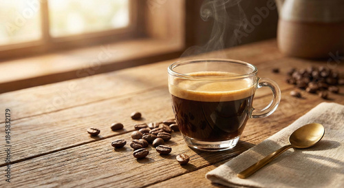 Glass cup of hot coffee with roasted beans and spoon