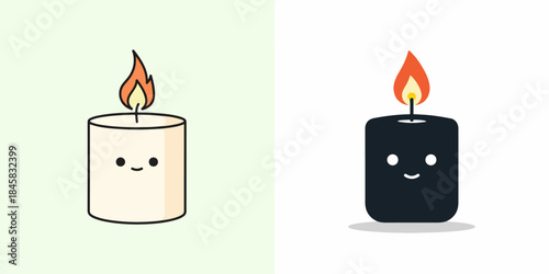 Cute contrasting animated candles, white and black, with charming faces and warm flames
