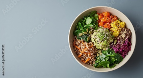 Vibrant health bowl with fresh greens, ancient grains, colorful vegetables, and seeds, showcasing culinary artistry and balanced nutrition, wooden, ingredients, background