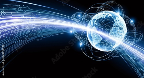 Digital circuit board with globe illustration. Global network and data transfer concept. Modern technology and communication background for business innovation.