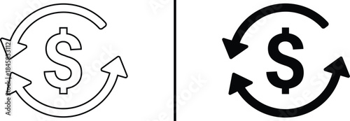 Dollar sign with circular arrows icon for money exchange and financial cycle