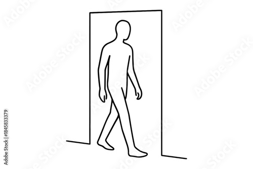 Minimalist linear outline of person walking through doorway