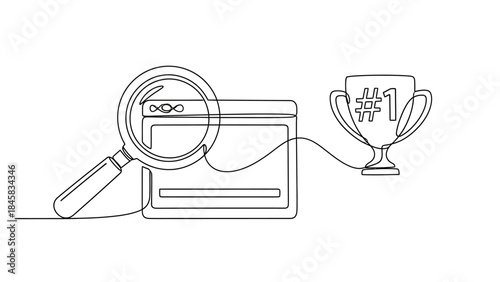 Continuous line drawing of web browser window with magnifying glass and trophy, representing SEO success and achievement.