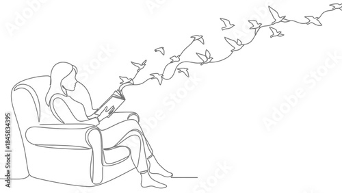 Continuous line drawing of a woman reading a book in an armchair with birds flying out of it, symbolizing imagination and freedom.