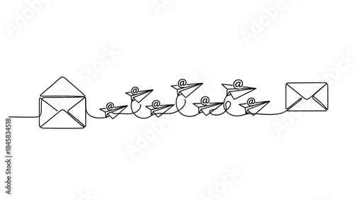 Continuous one line drawing of a flying paper plane with an email symbol, representing an email being sent to another email, symbolizing communication and digital messaging.