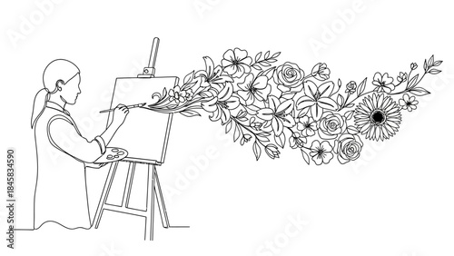 Continuous line drawing of a woman painting flowers on a canvas, representing art and creativity.