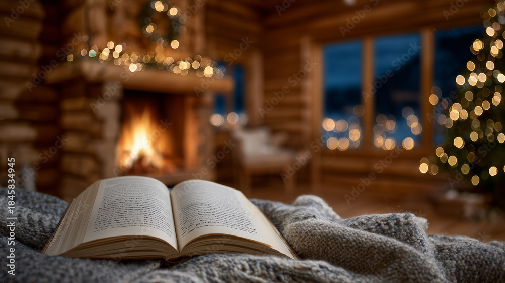 Obraz premium Close-up of an open book with flickering fireplace, warm wooden cabin walls, cozy blankets, Christmas ornaments in bokeh background, soft and inviting holiday atmosphere