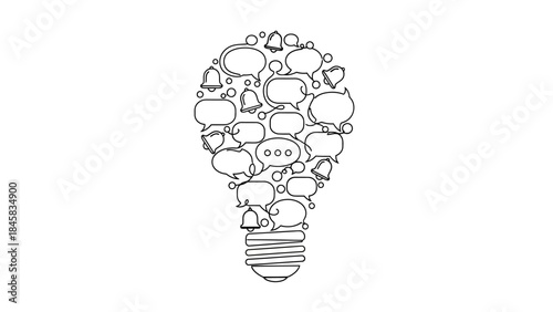 Creative lightbulb illustration formed by speech bubbles and notification bells representing communication and ideas.