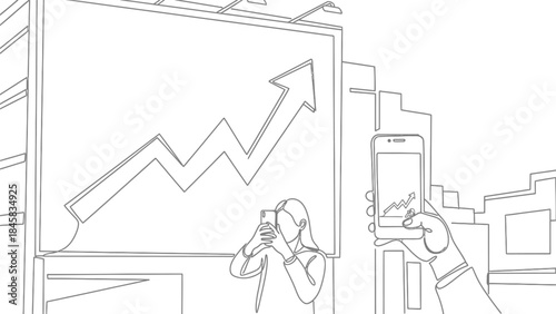Continuous one line drawing of businesswoman taking photo of increasing arrow graph on billboard with smartphone. Business growth concept.