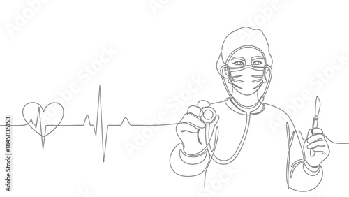 Continuous line drawing of a doctor holding a stethoscope and scalpel with a heart and heartbeat line.