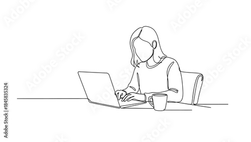 Continuous line drawing of a woman working on her laptop with a cup of coffee.