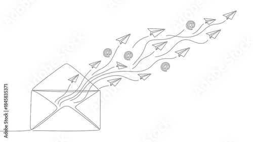 Continuous one line drawing of paper planes flying out from an open envelope, representing email marketing and communication.