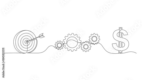 Continuous one line drawing of target, gears, and dollar sign illustrating business strategy and financial success.