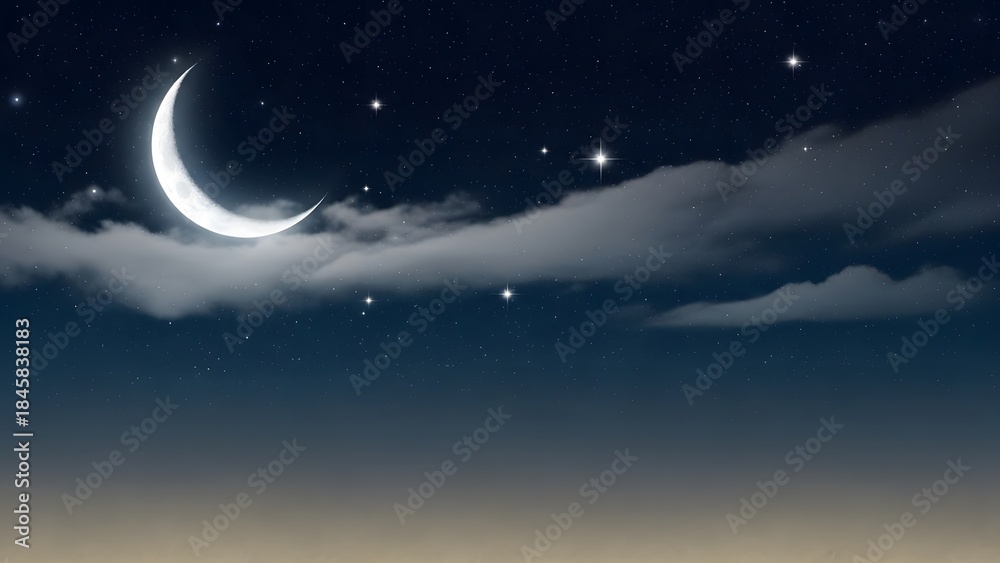 Naklejka premium Crescent moon and stars in a cloudy night sky with gradient horizon image photo