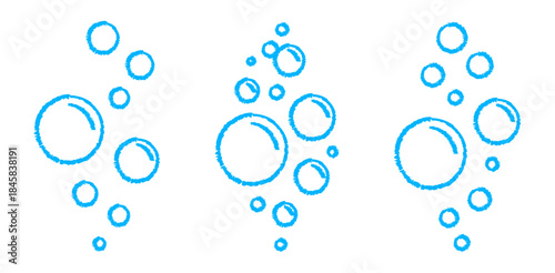 Set of soap and water bubbles drawn with chalk, crayon, pencil and charcoal. Childlike pastel hand drawn bubble elements with wax pen line texture. Bubbles illustrated in doodle sketch style.