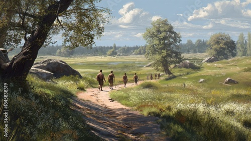 ancient people walking outdoors in spring, light physical activity, rural landscape, fresh greenery, realistic seasonal lifestyle