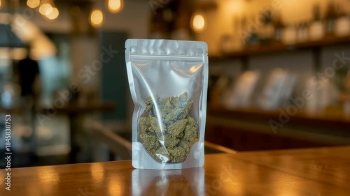 Transparent resealable pouch containing dried cannabis buds displayed on wooden table, legal marijuana product packaging in modern retail environment