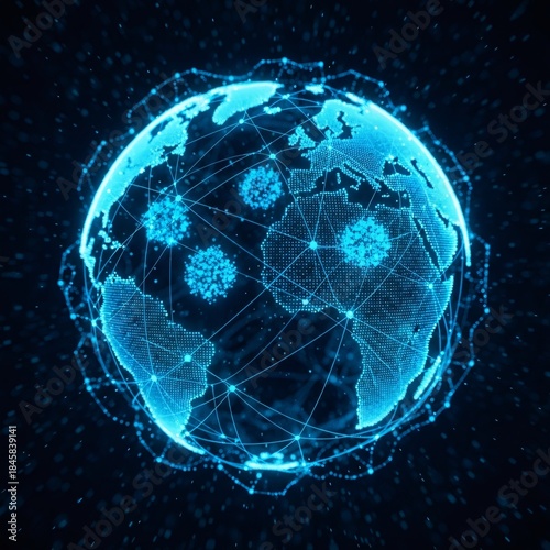 Blue digital earth with network connections. Global communication and internet technology concept. World map with glowing lines and points for data exchange.