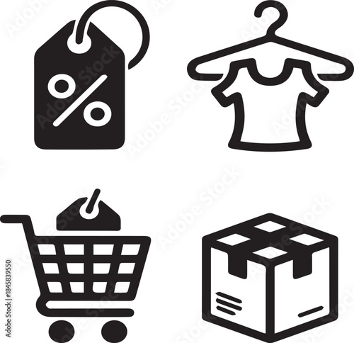 Black icons for shopping discount clothing cart and delivery box sale percent