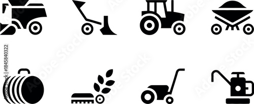 black silhouette farm and gardening icons on white background