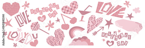 A set of collage paper elements cutouts in the shapes of hearts and irregularly shaped "love" lettering. Grunge style stickers for scrapbook. Pink cutouts for Valentine's Day and Y2K aesthetics.