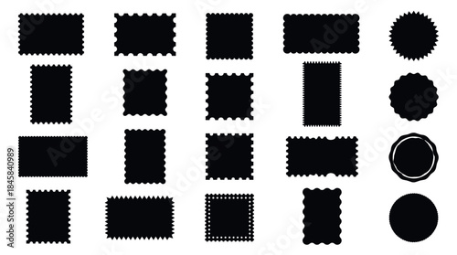 Collection of black postage stamp silhouettes with various perforated, wavy, and zigzag edges in different rectangular and circular shapes, presented as a graphic design element set