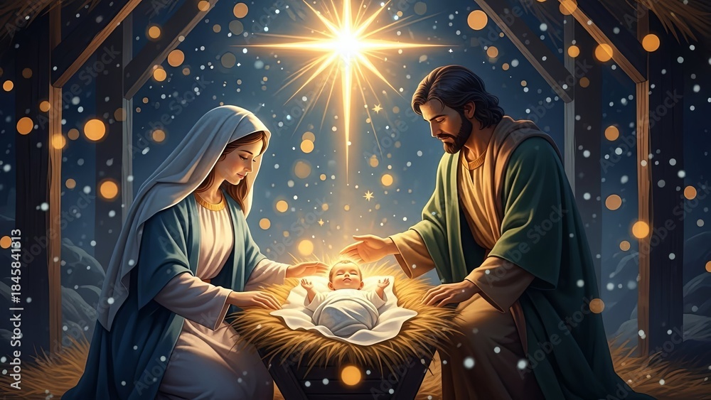 Naklejka premium Woman Mary and man Joseph with baby Jesus in manger under great star in Nazareth. Traditional Christian nativity scene for Christmas card.