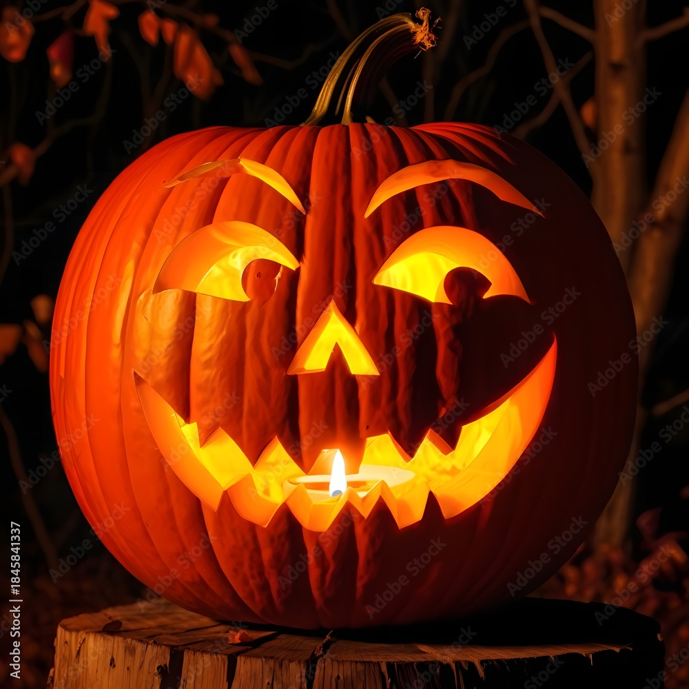 Fototapeta premium Jack-o-lantern with carved face illuminated at night