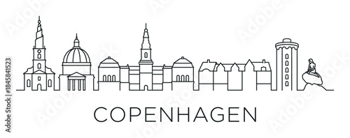 European city skyline line art illustration with famous landmarks, towers, churches, and a mermaid statue, a minimalist black and white vector drawing for travel concepts