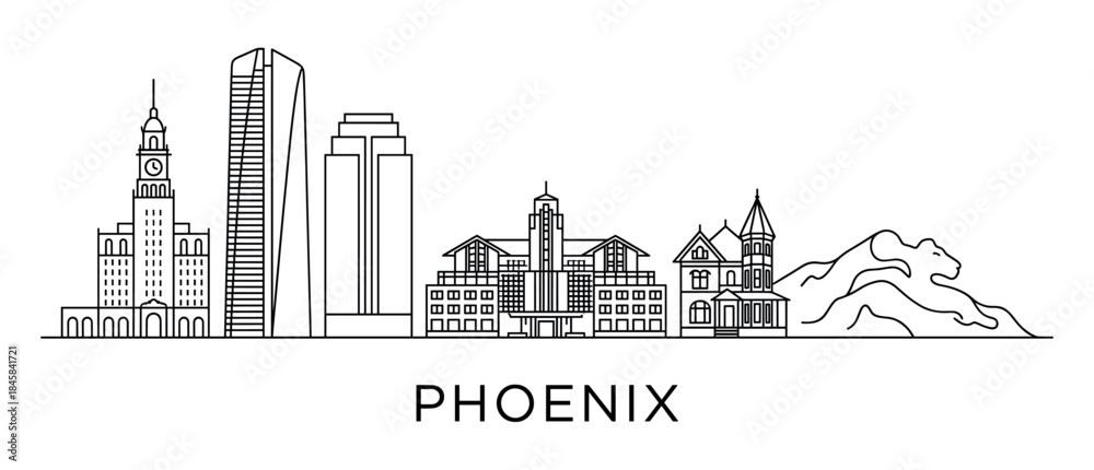Obraz premium City skyline illustration in a minimalist line art style featuring modern skyscrapers, a clock tower, historic buildings, and a unique mountain range shaped like a reclining feline