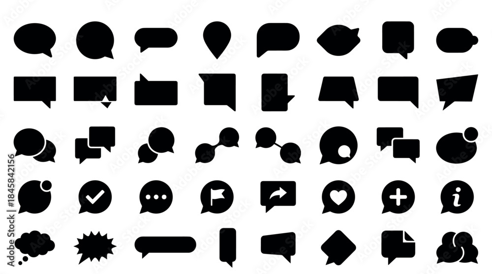 Fototapeta premium Large collection of black speech bubble icons in various shapes and styles for communication and messaging concepts, presented as a flat minimalist graphic symbol set