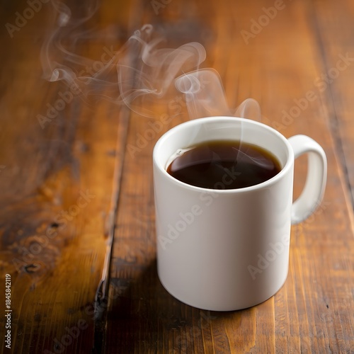 White Mug of Hot Coffee on Wooden Table with Steam Rising