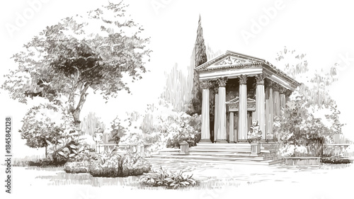 Serene Classical Temple in Tranquil Garden - Vector Illustration