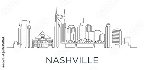 Minimalist black line art illustration of a southern American city skyline featuring modern skyscrapers, a distinctive bridge, and famous architectural landmarks in a clean vector style