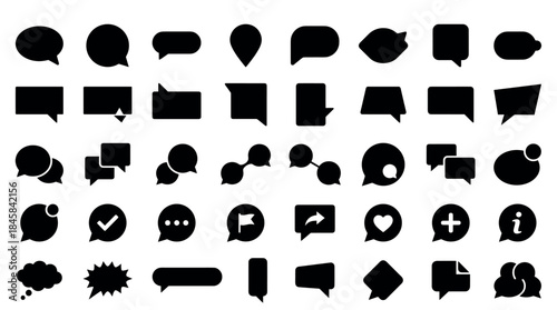 Large collection of black speech bubble icons in various shapes and styles for communication and messaging concepts, presented as a flat minimalist graphic symbol set